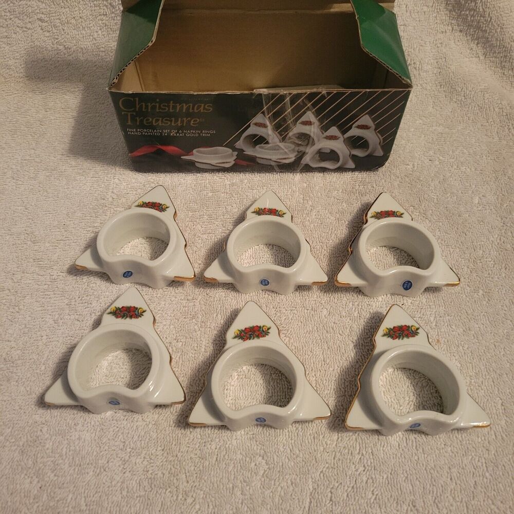Christmas Porcelain Napkin Set 6 Rings Vtg 1988 Hand Painted 24K Gold Trim-Japan